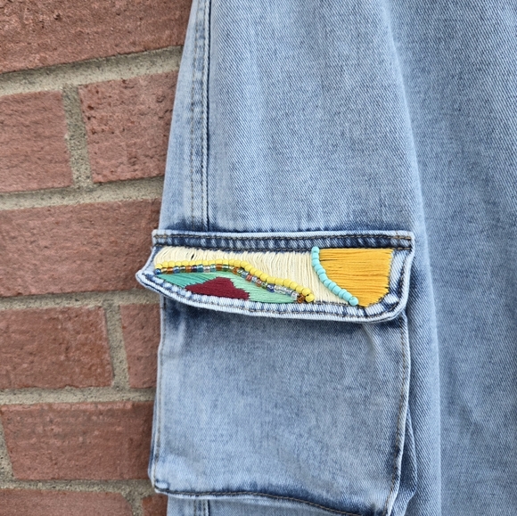 Beaded Pockets Cargo Wide Leg Jeans Light Wash Y2K Waist 30 - Picture 5 of 8